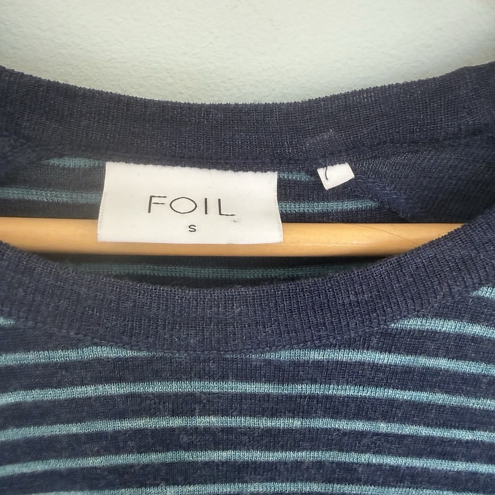 Foil 100% Merino Wool Sweater Women's SM Navy Blue Striped Scandi Elevated Basic - Picture 2 of 8